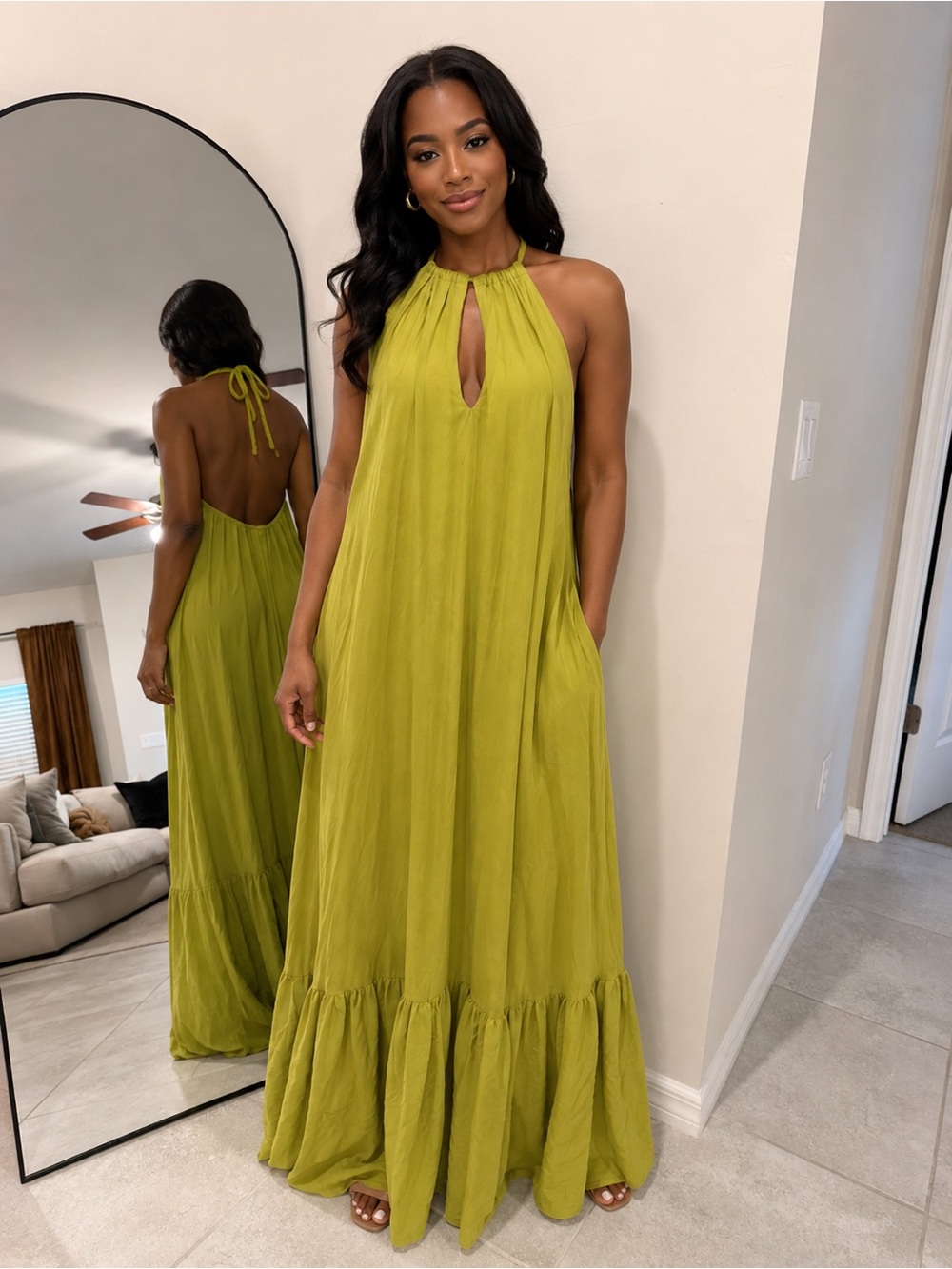 Sleeveless Halter Maxi Dress in Olive Green by Love and Lemonade